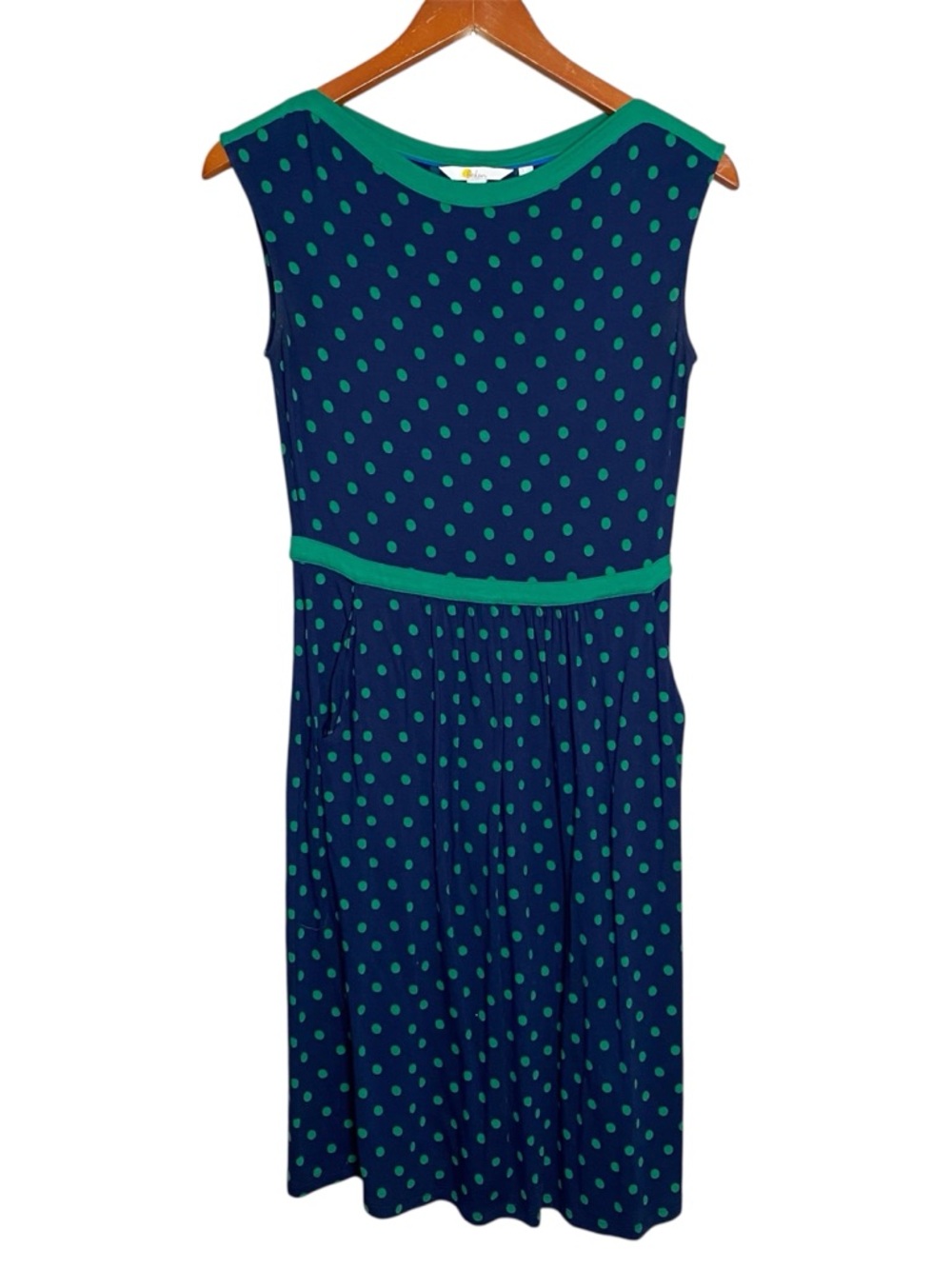 Boden Navy Blue and Green Polka Dot Sleeveless Casual Knit Dress